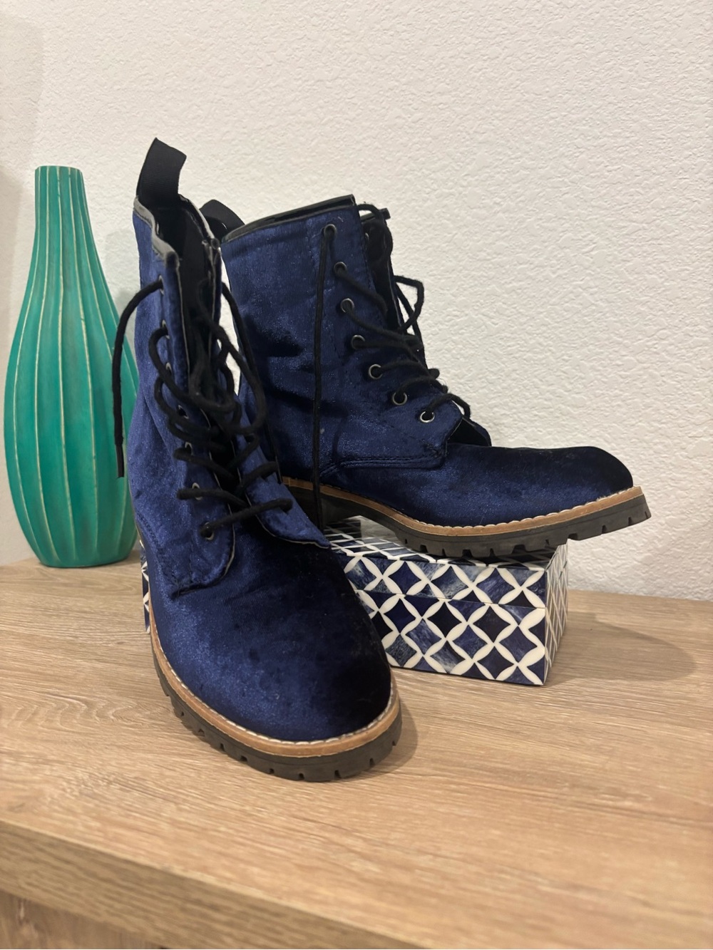 Steve Madden Navy Velvet Lace-Up Combat Boots